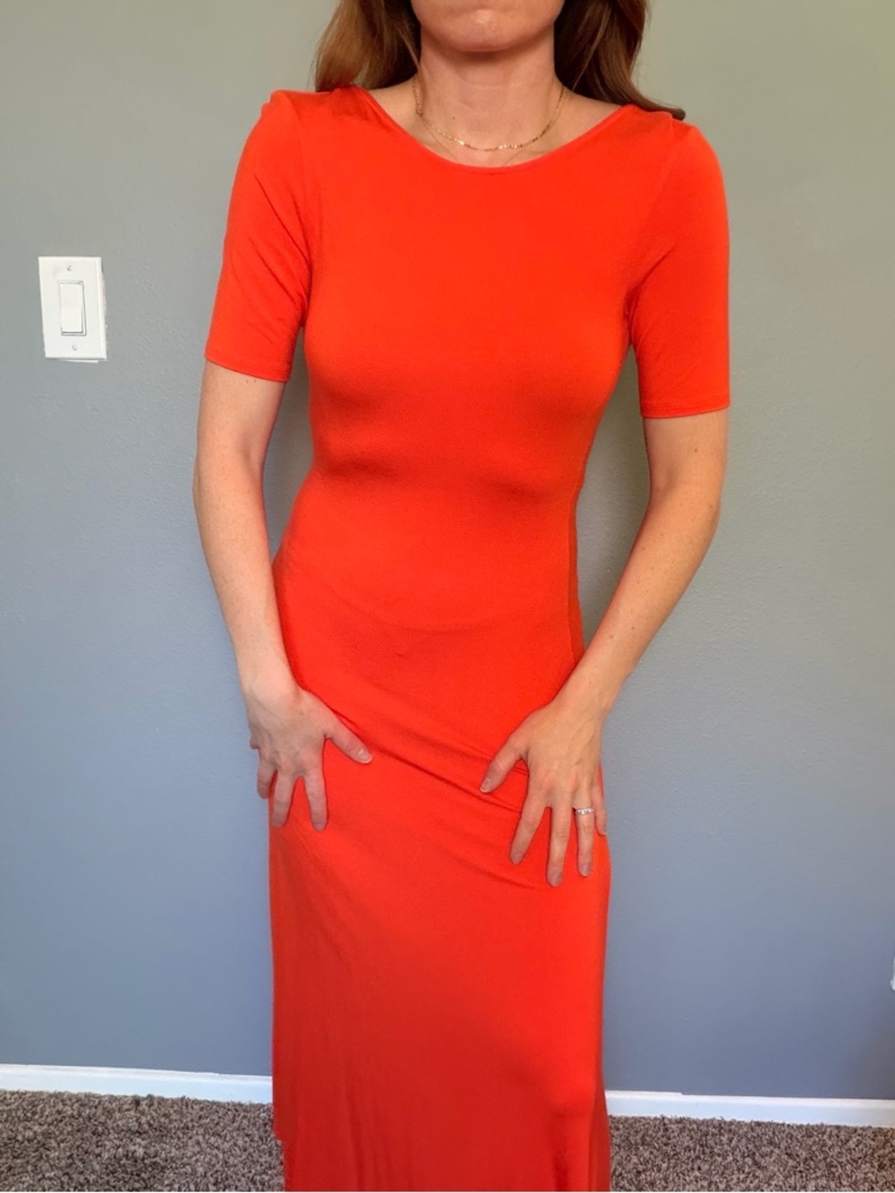 Women’s Orange Fitted Maxi Dress - Sleek Short Sleeve Design- Jersey material